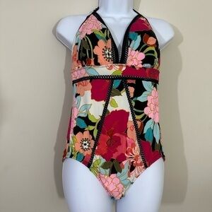 Time & Tru sz 12 -14 swimsuit new no tag. Colorful print. Black accent trim